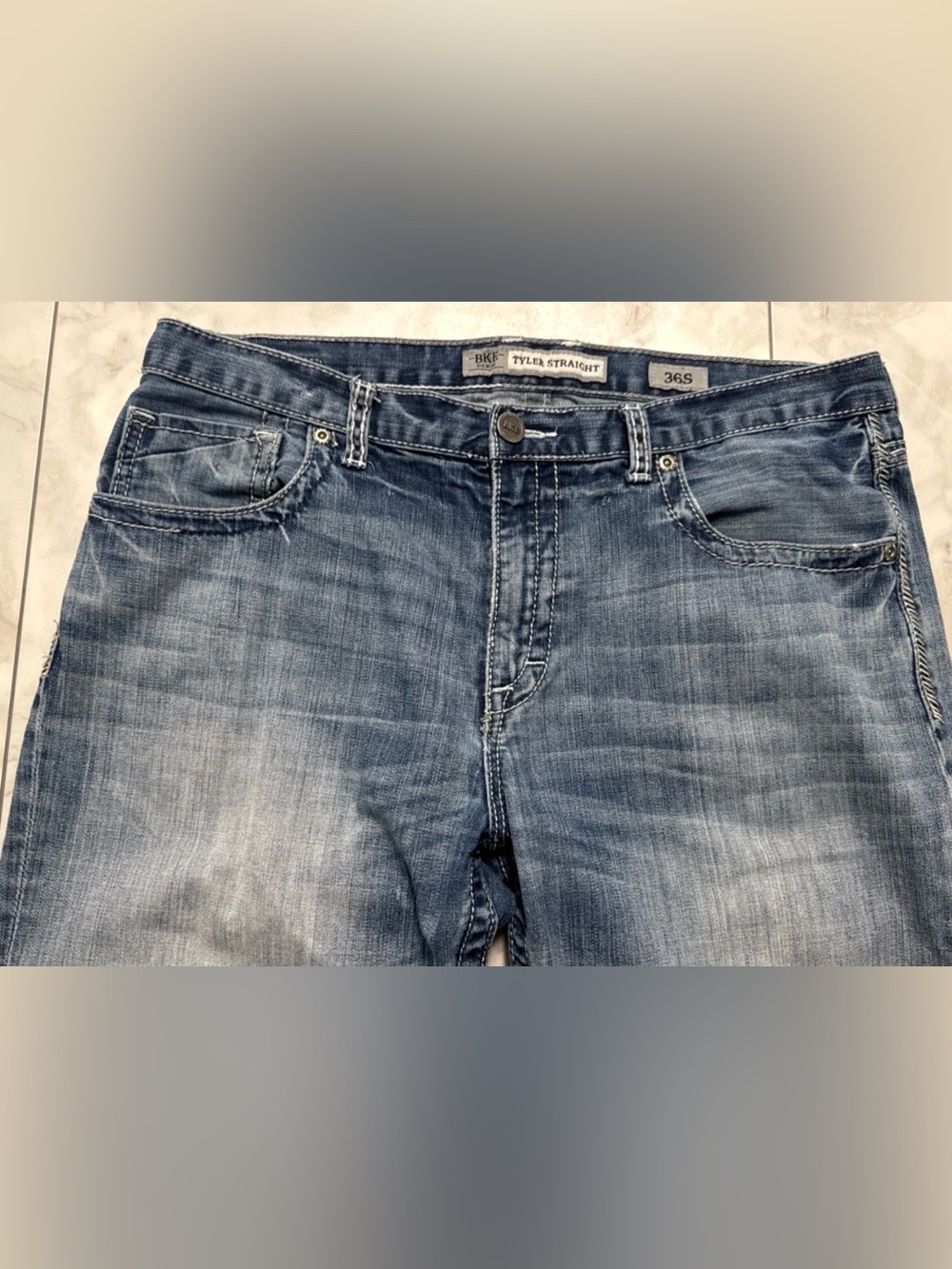 BKE Tyler Jeans Mens 36 S Blue Denim Straight Mid Embroidered Relaxed 36x29 - Picture 6 of 12